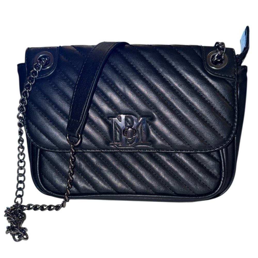 Badgley Mischka Black Quilted Vegan Leather Crossbody Bag Chain Strap Logo